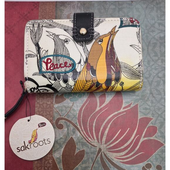 Sakroots Zip Around Coated Canvas Wristlet Wallet Peace Print Birds New W Tags - Picture 1 of 11